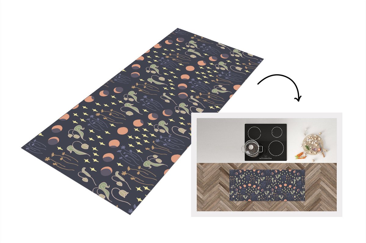 KitchenYeah Keukenloper - Loper keuken - Ruimte - Maan - Sterren - Bloemen - Patroon - 120x50 cm - Keukenloper vinyl Multicolor