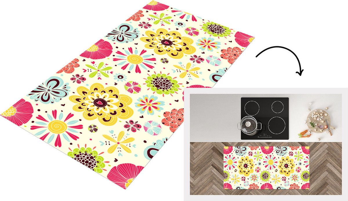 KitchenYeah Keukenloper - Loper keuken - Hart - Bloemen - Patronen - 120x60 cm - Keukenloper vinyl Multicolor