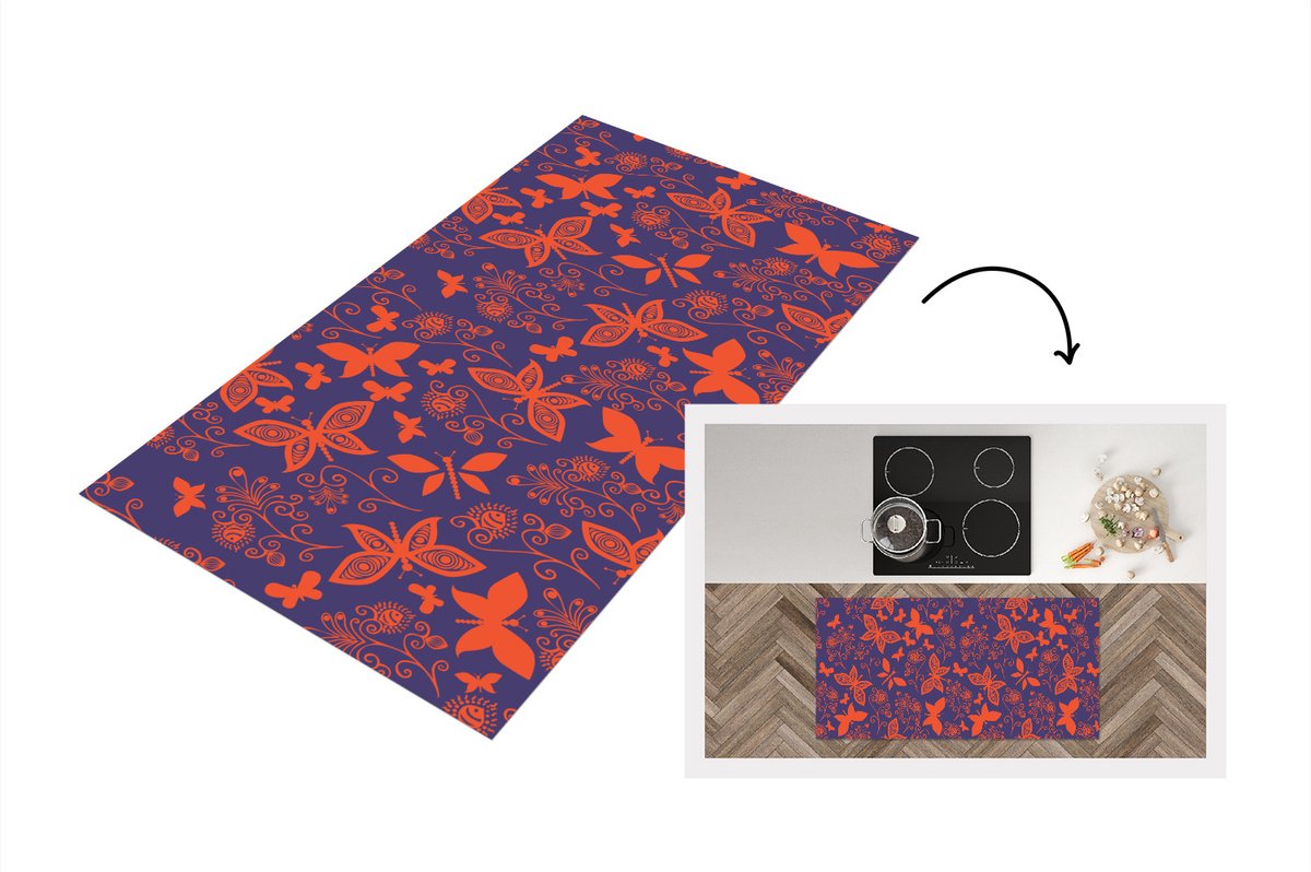 KitchenYeah Keukenloper - Loper keuken - Vlinder - Libelle - Rood - Patronen - 120x60 cm - Keukenloper vinyl Multicolor