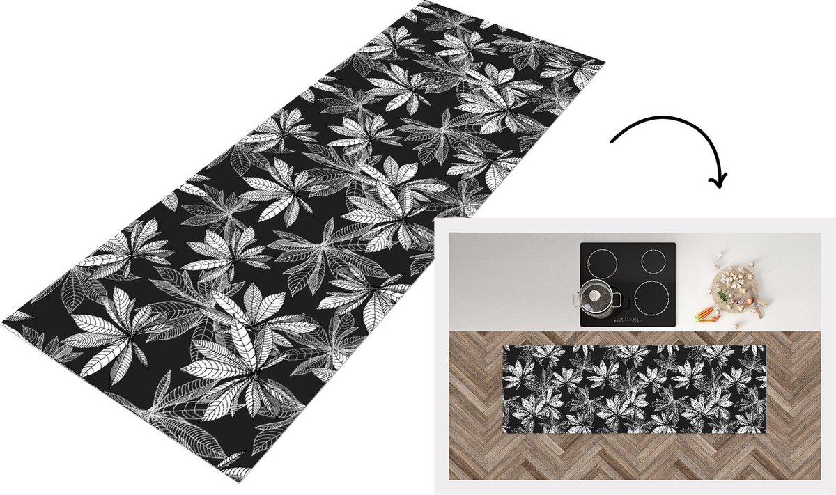 KitchenYeah Keukenloper - Loper keuken - Zwart - Wit - Patronen - Bladeren - Natuur - Keukenloper vinyl, foto 5