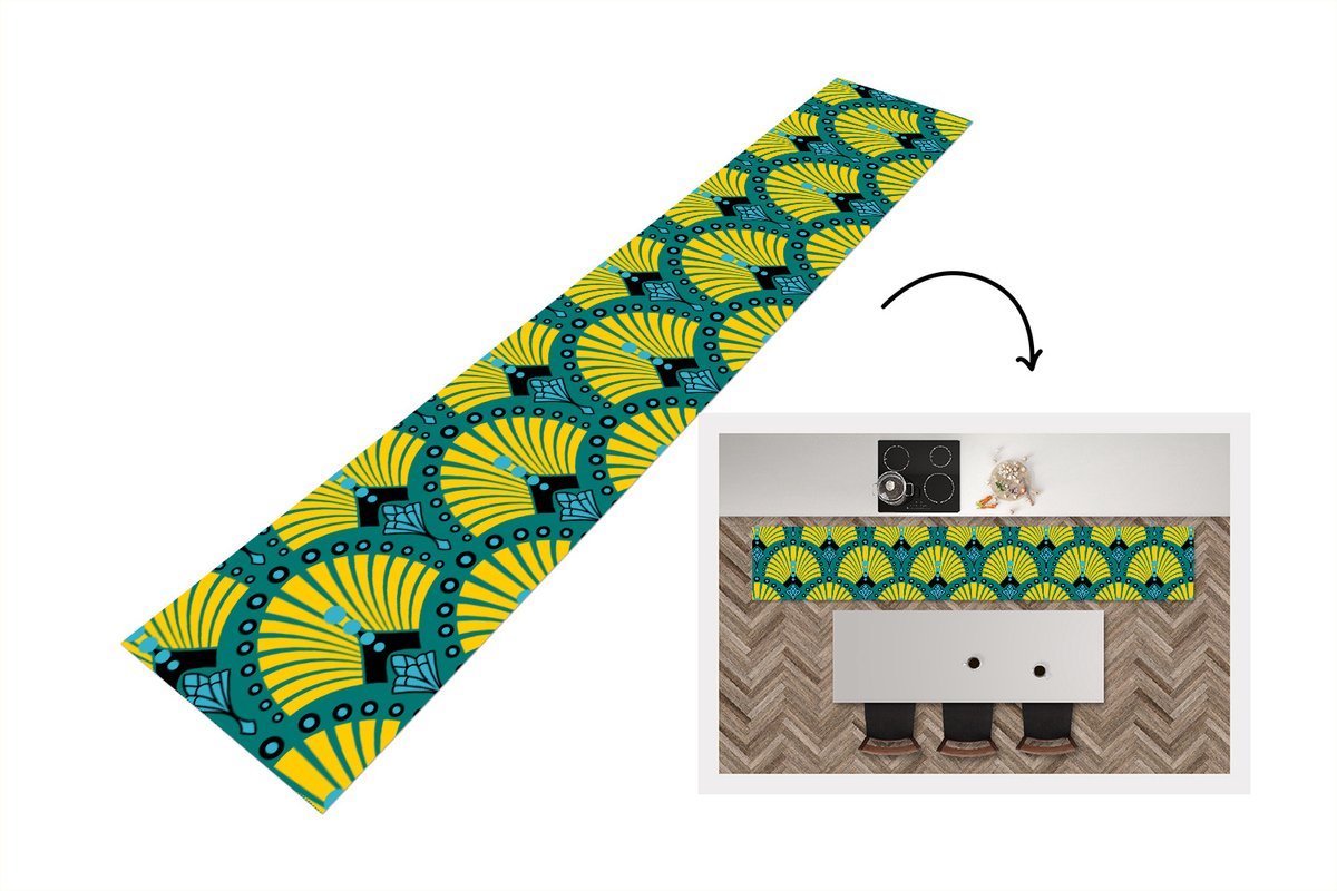 KitchenYeah Keukenloper - Loper keuken - Art Deco - Patroon - Blauw - Geel - 300x50 cm - Keukenloper vinyl Multicolor
