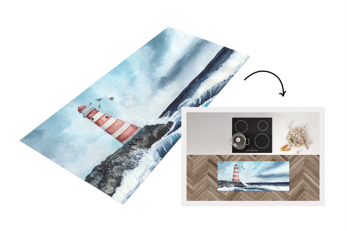KitchenYeah Keukenloper - Loper keuken - Vuurtoren - Zee - Golf - 120x50 cm - Keukenloper vinyl Multicolor