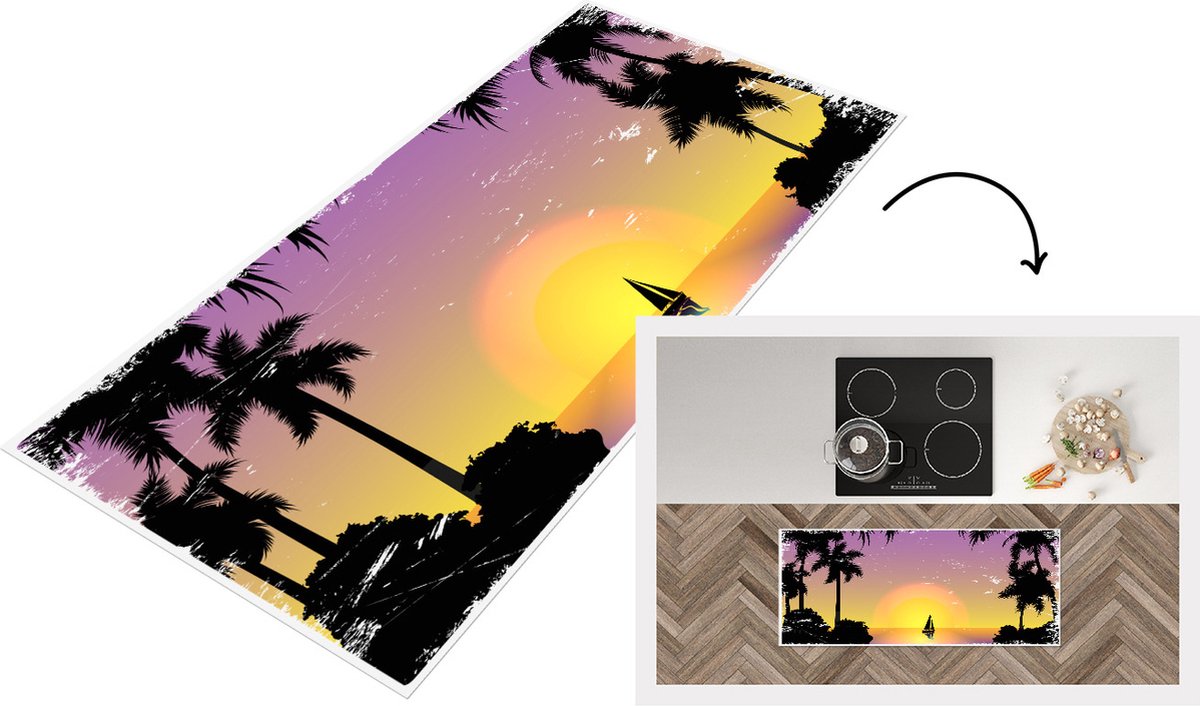 KitchenYeah Keukenloper - Loper keuken - Boot - Palmboom - Zee - Tekening - 120x50 cm - Keukenloper vinyl Multicolor