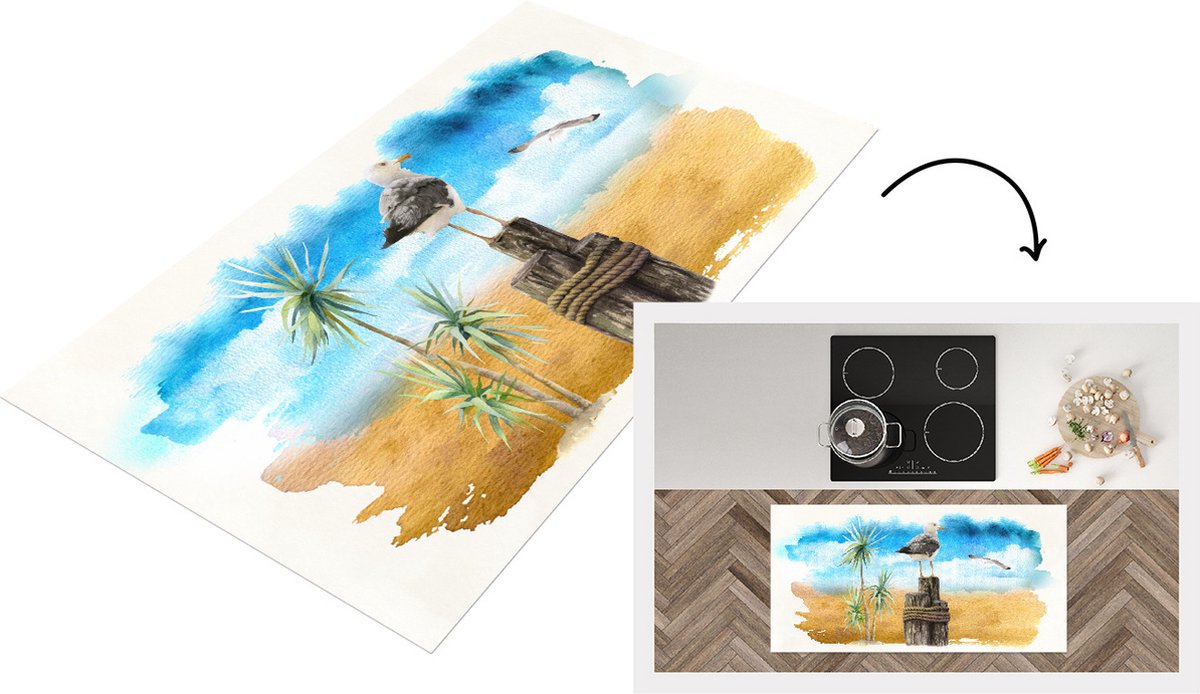 KitchenYeah Keukenloper - Loper keuken - Vogel - Touw - Boom - Strand - 120x60 cm - Keukenloper vinyl Multicolor
