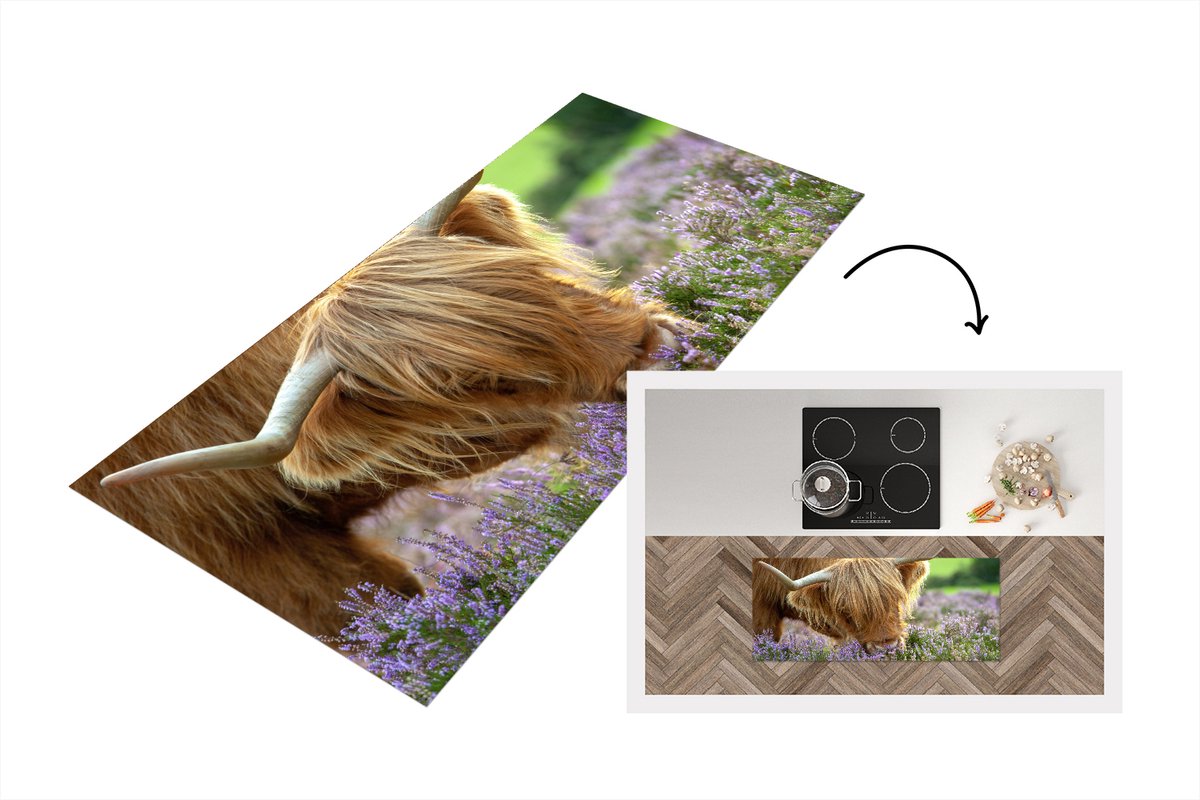 KitchenYeah Keukenloper - Loper keuken - Schotse Hooglander - Gras - Heide - Dieren - 120x50 cm - Keukenloper vinyl Multicolor