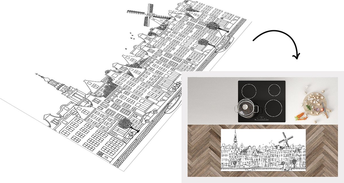 KitchenYeah Keukenloper - Loper keuken - Skyline - Amsterdam - Zwart - Wit - 120x60 cm - Keukenloper vinyl Multicolor