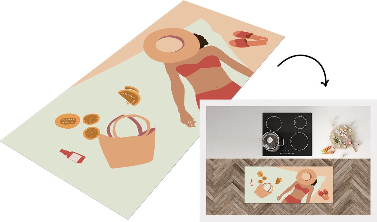 KitchenYeah Keukenloper - Loper keuken - Vrouw - Slippers - Hoed - Strand - Keukenloper vinyl Multicolor