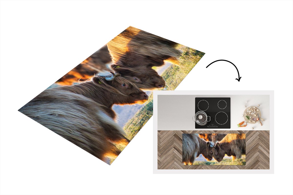 KitchenYeah Keukenloper - Loper keuken - Schotse Hooglanders - Dieren - Zon - 120x60 cm - Keukenloper vinyl Multicolor