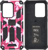 Hoesje Geschikt Voor Samsung Galaxy S20 Ultra Hoesje - Rugged Extreme Backcover Camouflage met Kickstand - Pink