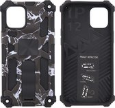Hoesje Geschikt voor iPhone 12 Mini Hoesje - Rugged Extreme Backcover Marmer Camouflage met Kickstand - Zwart