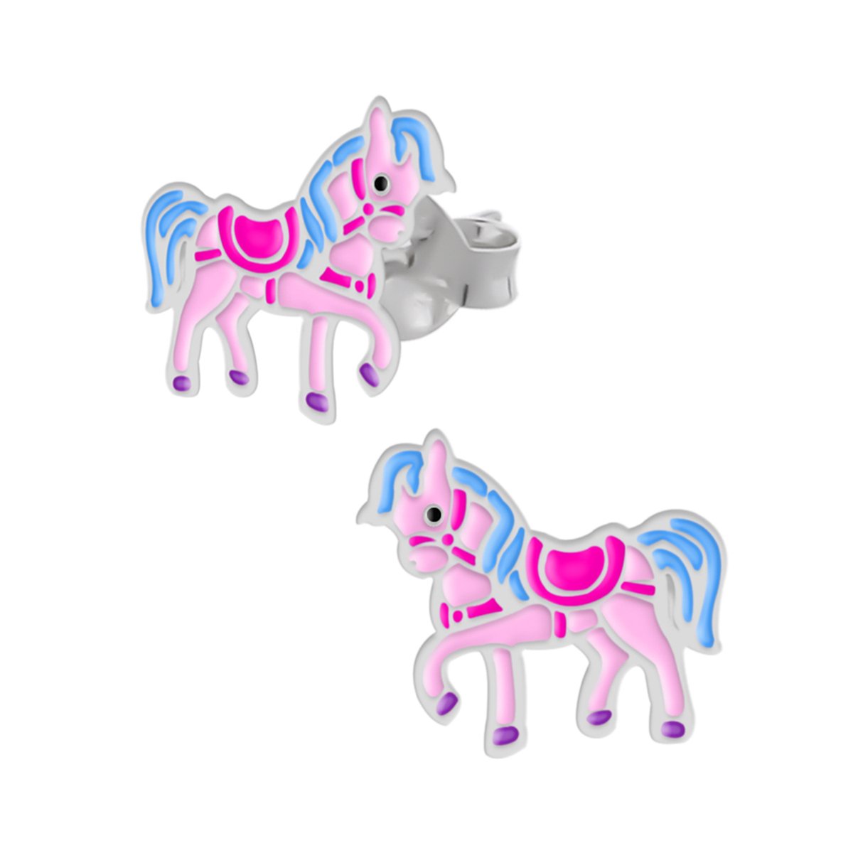 Oorbellen meisjes zilver | Eenhoorn oorbellen | Zilveren oorstekers, roze paard met blauwe manen en staart