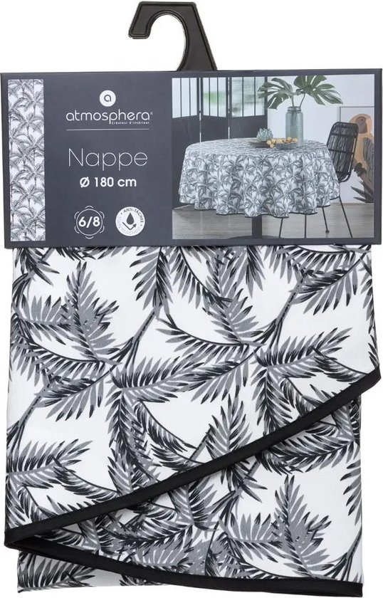 Opgevouwen rond tafelkleed met palmboomprint in verpakking, 180 cm.