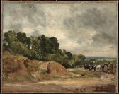 Kunst: John Constable, Sandbanks and a Cart and Horses on Hampstead Heath, c. 1820–25, Schilderij op canvas, formaat is 100X150 CM