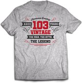 103 Jaar Legend - Feest kado T-Shirt Heren / Dames - Antraciet Grijs / Rood - Perfect Verjaardag Cadeau Shirt - grappige Spreuken, Zinnen en Teksten. Maat XL