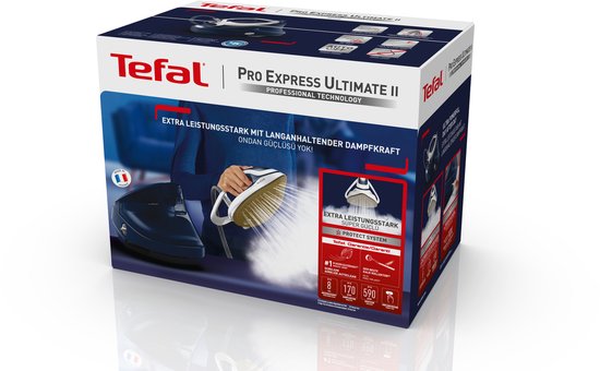 Doos van de Tefal Pro Express Ultimate II stoomgenerator met een afbeelding van het strijkijzer en de stoomgenerator.