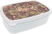 Broodtrommel Wit - Lunchbox - Brooddoos - Vintage - Flamingo - Bladeren - Jungle - Patroon - 18x12x6 cm - Volwassenen