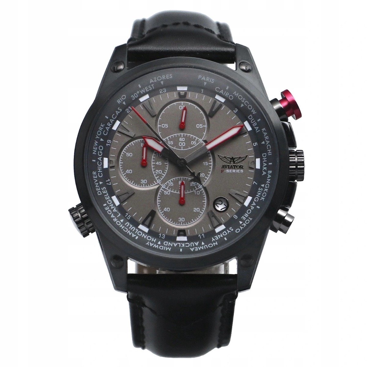 Aviator - Heren Horloge F-Series World Time Zwart - Ø 45mm