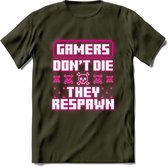 Gamers don't die pixel T-shirt | Neon Roze | Gaming kleding | Grappig game verjaardag cadeau shirt Heren – Dames – Unisex | - Leger Groen - L