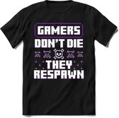 Gamers don't die pixel T-shirt | Paars | Gaming kleding | Grappig game verjaardag cadeau shirt Heren – Dames – Unisex | - Zwart - XXL