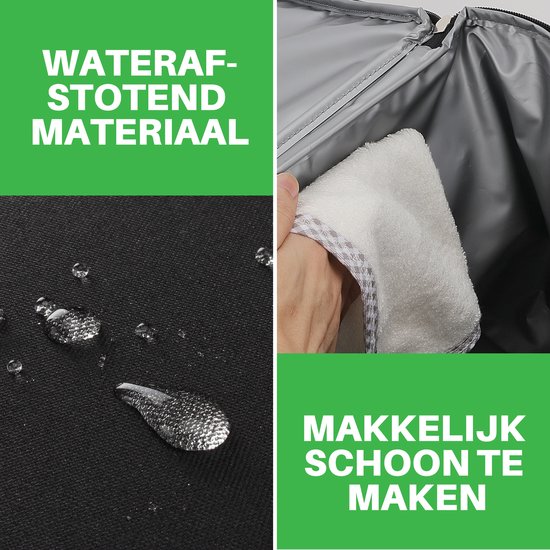 Zwarte rugzak met waterafstotend materiaal en makkelijk schoon te maken binnenkant.