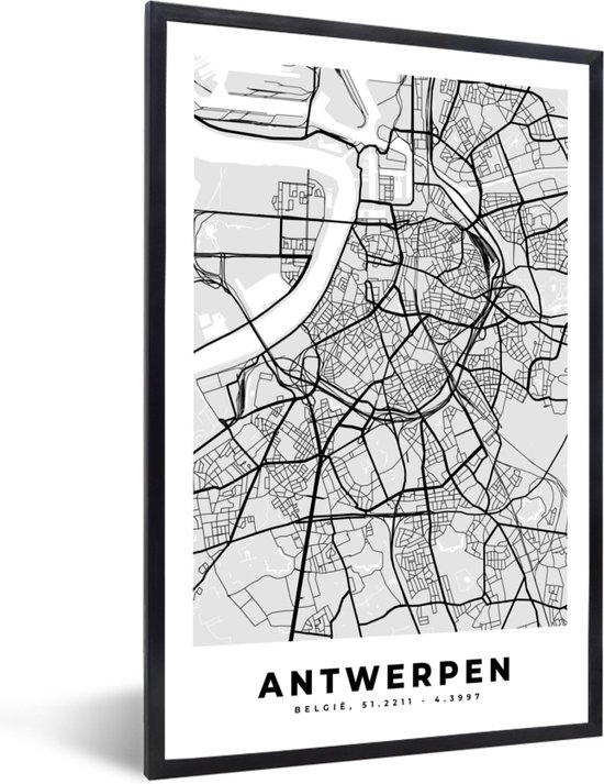 Fotolijst incl. Poster Zwart Wit- Zwart Wit – België – Plattegrond – Stadskaart – Kaart – Antwerpen - 40x60 cm - Posterlijst