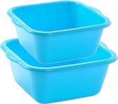 Voordeelset multifunctionele kunststof teiltjes blauw in 2x formaten - 10 en 15 liter inhoud afwasbakjes