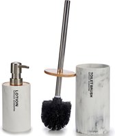 Badkamer accessoires set 2-delig creme marmer wit polyresin - Wc-borstel met zeepdispenser van 350 ml