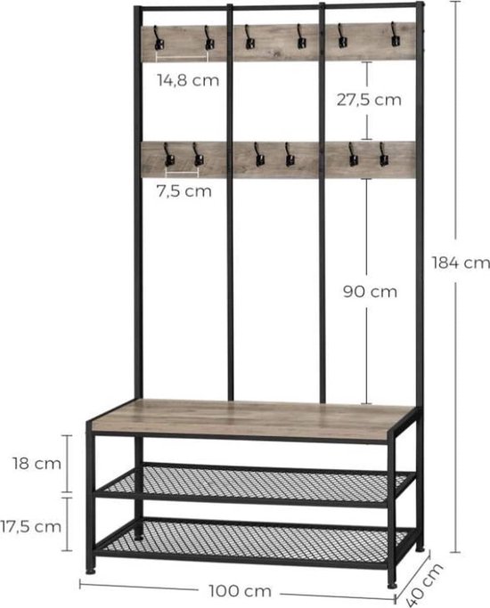 Kapstok met 9 kleerhaken en schoenenrek | Leen Bakker