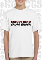 ENIGST KIND GROTE BROER kids T-shirt - Zwart - Maat 122 | 128 - 7 | 8 jarigen - Korte mouwen - Ronde hals - Normale pasvorm - Big brother - Bekendmaking baby - Aankondiging zwanger
