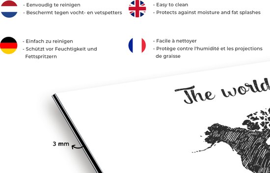 Spatscherm keuken 120x60 cm - Kookplaat achterwand Wereldkaart - Zwart - Quote - Muurbeschermer - Spatwand fornuis - Hoogwaardig aluminium