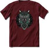 Uil - Dieren Mandala T-Shirt | Aqua | Grappig Verjaardag Zentangle Dierenkop Cadeau Shirt | Dames - Heren - Unisex | Wildlife Tshirt Kleding Kado | - Burgundy - S