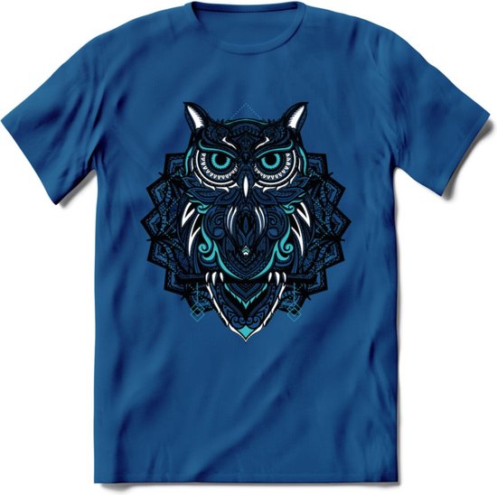 Uil - Dieren Mandala T-Shirt | Lichtblauw | Grappig Verjaardag Zentangle Dierenkop Cadeau Shirt | Dames - Heren - Unisex | Wildlife Tshirt Kleding Kado | - Donker Blauw - XXL