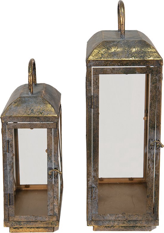 Lantaarns Set v 2 Set van 2  28*18*54 /24*14*40 cm Koperkleurig Ijzer, Glas Kaarsenhouder Sfeerverlichting