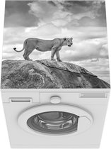 Wasmachine beschermer mat - Leeuwin brult op een rots - zwart wit - Breedte 60 cm x hoogte 60 cm