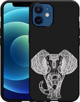 iPhone 12/12 Pro Hoesje Zwart Elephant Mandala White - Designed by Cazy
