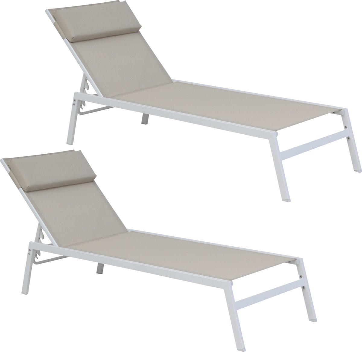 NATERIAAL - Set van 2 ligstoelen RIBA - 2 tuinstoelen - Hoofdsteun - Belastbaar tot 100 kg - 199x61x32 cm - Met geïntegreerde kussens - Ligstoelen met onderlegger - Staal - Textilene - Taupe