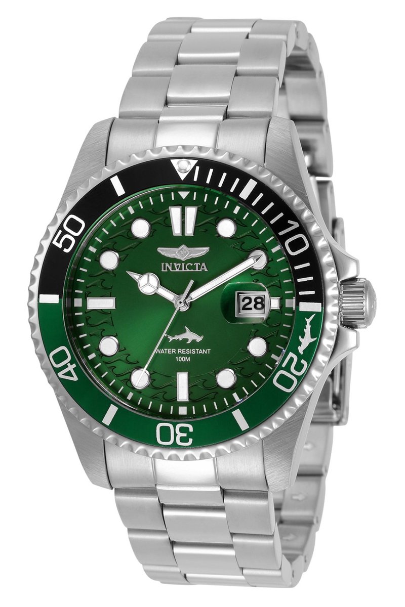 Invicta Pro Diver 30808 Heren Horloge - Waterdicht - Analoog - Quartz Uurwerk - Roestvrij Staal met groene Wijzerplaat - 43mm