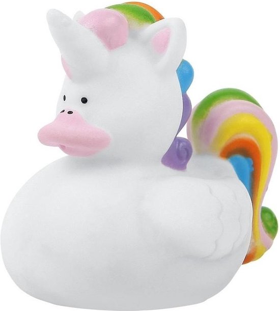 Wit badeendje met eenhoorn details: roze snavel, regenboogkleurige manen en staart.