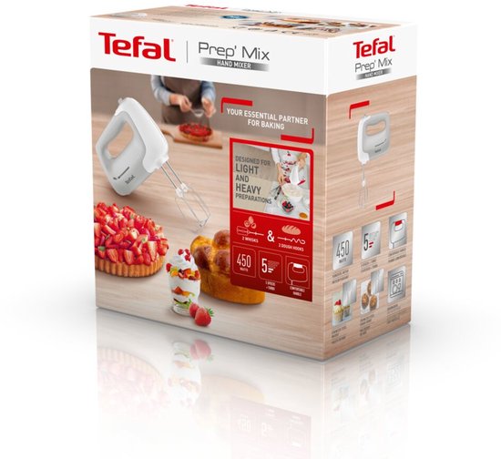 Verpakking van Tefal Prep'Mix handmixer met afbeeldingen van het product en gebak.