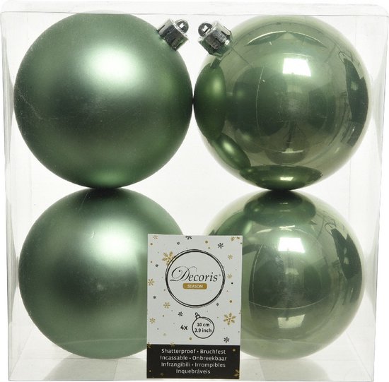 4x Boules de Noël en plastique vert sauge 10 cm - Mat / brillant - Boules de Noël en plastique incassables - Décoration d' Décorations pour sapins de Noël vert sauge