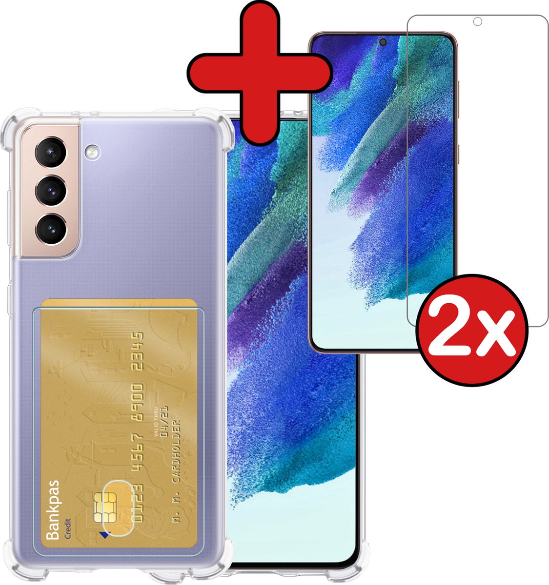 Hoesje - Geschikt voor Samsung Galaxy S21 FE - Met 2x Screenprotector - Pashouder - Kaarthouder - Back Cover - Telefoon Hoes Shockproof - Siliconen Case - Shock Proof - Pasjes Houder - Telefoonhoes - Transparant