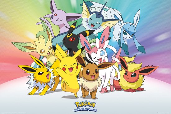 Un groupe de Pokémon, dont Pikachu, Eevee, Jolteon, Flareon, Vaporeon, Espeon, Umbreon, Leafeon, Glaceon et Sylveon, sur un fond arc-en-ciel.