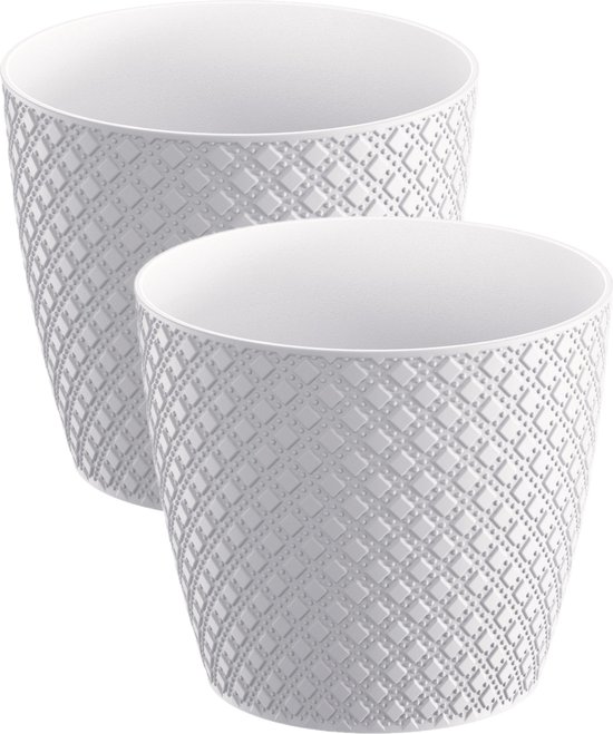 2x stuks orient stijl plantenpot/bloempot kunststof dia 16 cm en hoogte 14 cm in het parel wit voor binnen/buiten