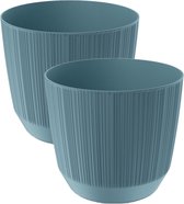 2x stuks moderne carf-stripe plantenpot/bloempot kunststof dia 17 cm/hoogte 15 cm stone blauw voor binnen/buiten