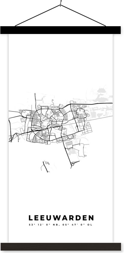Porte-affiche avec affiche - Affiche scolaire - Plan de la ville - Zwart Wit - Carte - Leeuwarden - Nederland - Carte - 90x180 cm - Lattes noires