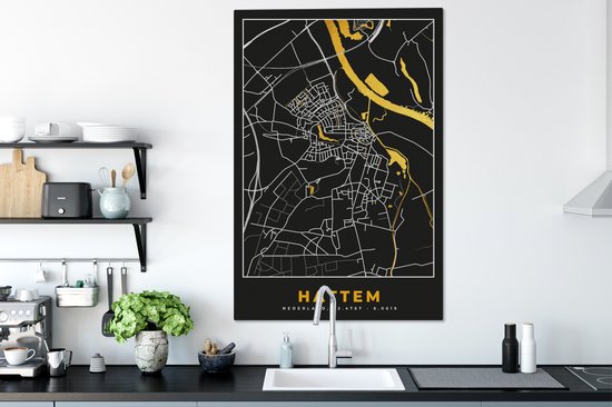 Tableau sur toile 90x140 cm - Décoration murale Hattem - Carte - Carte - Plan de ville - Or - Nederland - Décoration murale murale salon - Décoration chambre - Accessoires de chambre - Peintures