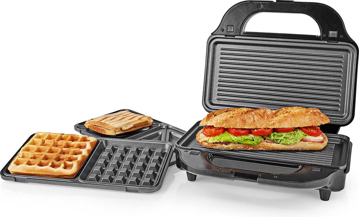Nedis Multi grill | Grill / Sandwich / Waffle | 900 W | 28 x 15 cm | Automatische temperatuurregeling | Kunststof / Roestvrij Staal