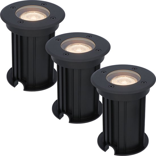 HOFTRONIC - Set van 3 Maisy LED Grondspot Zwart - 2700K Warm wit - Rond Aluminium - 5 Watt 400 Lumen - Tuinspots, Padverlichting en Opritverlichting