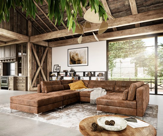 Canapé Elio cuir artificiel vintage marron vintage 300x185 cm avec pouf living paysage