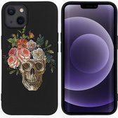 iPhone 13 Hoesje Siliconen - iMoshion Design hoesje - Zwart / Flower Skull